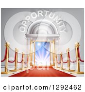 Clipart Of A Red Carpet And Posts Leading To A Doorway With Bright Light And Opportunity Text Royalty Free Vector Illustration