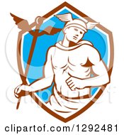 Clipart Of A Retro Hermes With A Caduceus In A Brown White And Blue Shield Royalty Free Vector Illustration