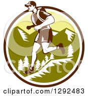 Retro Woodcut Male Cross Country Runner Over Mountains In A Brown White And Green Circle