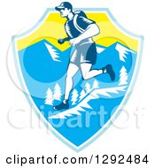 Retro Woodcut Male Cross Country Runner Over Mountains In A Blue White And Yellow Shield
