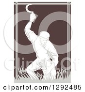 Retro Woodcut Male Farmer Harvesting Wheat With A Scythe In Brown And Gray