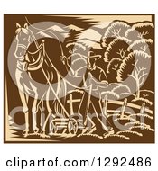 Retro Woodcut Horse And Farmer Plowing A Field In Tan And Brown