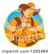 Poster, Art Print Of Retro Male Farmer Holding A Piglet In A Yellow White And Blue Circle Of Rays