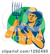 Poster, Art Print Of Retro Male Farmer Holding A Hen And Pitchfork Over A Green Circle