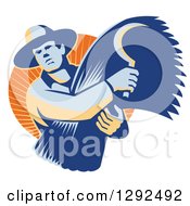 Retro Male Farmer Holding A Scythe And Harvested Wheat In An Orange Circle Of Sunshine