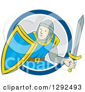 Poster, Art Print Of Cartoon Male Knight In Armor Holding A Sword And Shield And Emerging From A Blue White And Gray Circle