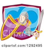 Poster, Art Print Of Cartoon Male Knight In Armor Holding A Sword And Shield And Emerging From A Maroon White And Blue Shield
