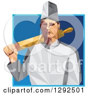 Geometric White Male Chef Or Baker With A Rolling Pin Over His Shoulder In A Blue Square