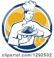 Clipart Of A Retro Male Chef Carrying A Roasted Chicken On A Platter In A Blue White And Yellow Circle Royalty Free Vector Illustration by patrimonio