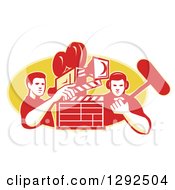 Poster, Art Print Of Retro Male Cameraman Filming And Holding A Clapper With A Boom Man Over A Yellow Oval
