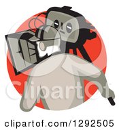 Poster, Art Print Of Rear View Of A Retro Cameraman Filming In A Red Circle