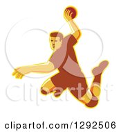 Poster, Art Print Of Retro Jumping Male Handball Player Preparing To Throw The Ball