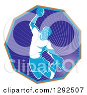 Retro Male Handball Player Jumping And Preparing To Throw The Ball In A Hexagon Of Rays