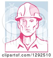 Poster, Art Print Of Retro Male Engineer Wearing A Hardhat Over Power Pylons And Buildings