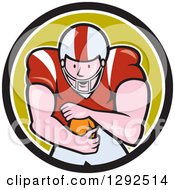 Poster, Art Print Of Cartoon White Male American Football Player Running Back In A Black White And Green Circle