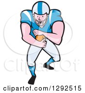 Poster, Art Print Of Cartoon White Male American Football Player Running Back In A Blue And White Uniform