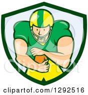 Poster, Art Print Of Cartoon White Male American Football Player Running Back In A Green And Blue Shield