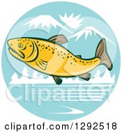 Poster, Art Print Of Cartoon Brown Trout Fish Leaping Over A River In The Mountains