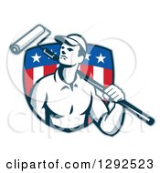 Poster, Art Print Of Retro Male House Painter With A Roller Brush Over His Shoulder In An American Flag Shield