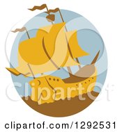 Poster, Art Print Of Retro Yellow And Brown Galleon Ship In An Oval