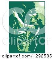 Retro 1030s Styled Green Toned Farm Worker Picking Fruit From A Pear Tree