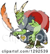 Clipart Of A Cartoon Green Horned Demon Holding A Fire Sword Royalty Free Vector Illustration