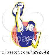 Poster, Art Print Of Retro Male Bodybuilder Lifting A Kettlebell And Emerging From A Yellow And Red Ray Circle