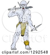 Poster, Art Print Of Cartoon Warrior Orc With A Sword And Knife