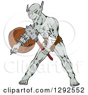 Clipart Of A Cartoon Warrior Orc With A Shield And Club Royalty Free Vector Illustration