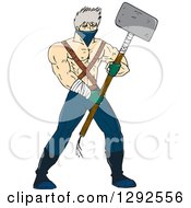 Poster, Art Print Of Cartoon Shirtless Ninja Warrior Holding A Sledghammer