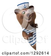 Clipart Of A 3d Happy Brown Sailor Bear Pointing Around A Sign Royalty Free Illustration
