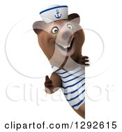 Clipart Of A 3d Happy Brown Sailor Bear Holding A Thumb Up Around A Sign Royalty Free Illustration