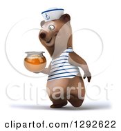 Clipart Of A 3d Happy Brown Sailor Bear Walking To The Left And Holding A Honey Jar Royalty Free Illustration