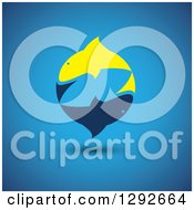 Clipart Of A Pair Of Yellow And Navy Dolphins Or Sharks Swimming In A Circle Over Blue Royalty Free Vector Illustration