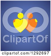 Clipart Of A Yellow And Orange Embracing Heart Shaped Couple Over Blue Royalty Free Vector Illustration