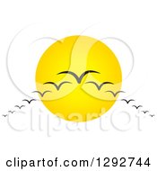 Clipart Of A Group Of Silhouetted Migratory Birds Flying In V Formation Against A Sun Royalty Free Vector Illustration by ColorMagic #COLLC1292744-0187