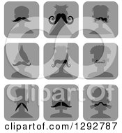 Clipart Of Silhouetted Grayscale Male Avatar Head Icons With Different Mustaches And Hairstyles Royalty Free Vector Illustration