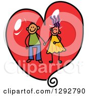 Poster, Art Print Of Happy Stick Boy And Girl Couple Holding Hands In Side A Red Valentine Love Heart