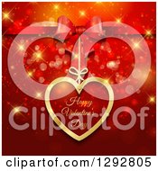 Clipart Of A 3d Gift Bow Over A Happy Valentines Day Tag With Bokeh Flares And Sparkles On Red Royalty Free Vector Illustration