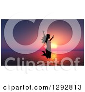 Poster, Art Print Of Silhouetted Happy Woman Jumping Over A 3d Ocean Sunset
