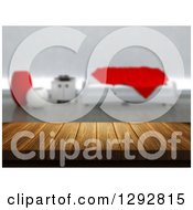 Poster, Art Print Of 3d Close Up Of A Wooden Table And A Blurred Modern White And Red Lobby Or Living Room