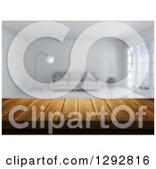 Poster, Art Print Of 3d Close Up Of A Wooden Table And A Blurred Modern White Lobby Or Living Room