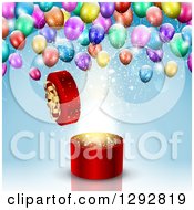 Poster, Art Print Of 3d Round Open Red Gift Box With Magic Light And Colorful Party Balloons Over Blue