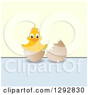 Poster, Art Print Of Happy Yellow Chick In A Broken Egg Over Pastel Blue And Green