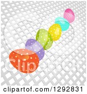 Clipart Of A Row Of 3d Colorful Polka Dot Easter Eggs On Mesh Royalty Free Vector Illustration