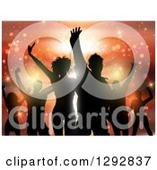 Poster, Art Print Of Group Of Young Silhouetted Dancers Against Orange Flares And Lights