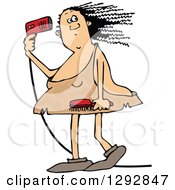 Clipart Of A Chubby Cavewoman Blow Drying Her Hair Royalty Free Vector Illustration