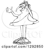 Clipart Of A Chubby Black And White Caveman Gesturing And Shouting On A Cell Phone Royalty Free Vector Illustration