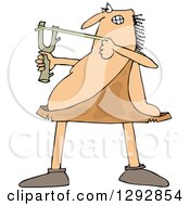 Clipart Of A Chubby Caveman Focusing And Aiming A Slingshot Royalty Free Vector Illustration