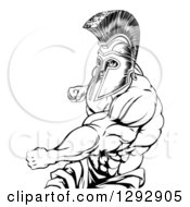Clipart Of A Black And White Muscular Strong Spartan Warrior Mascot Punching Royalty Free Vector Illustration